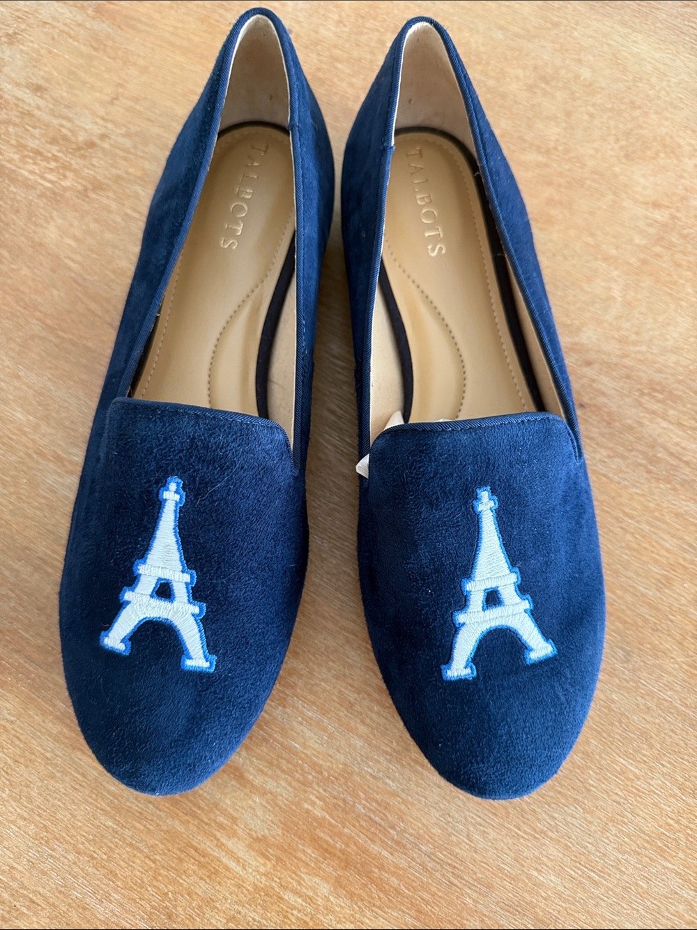 Talbots Ryan Embroidered Suede Loafers Flats Shoes Navy Blue Eiffel Tower Paris